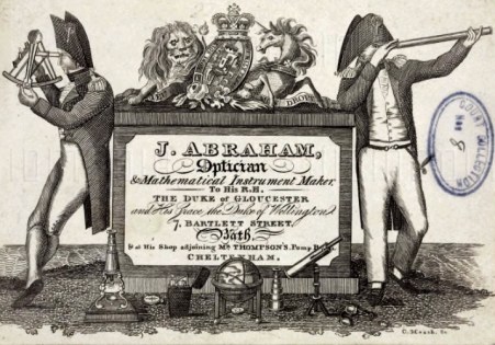 01A87X1M; Trade card of J Abraham, optician and mathematical instrument maker, 1837.